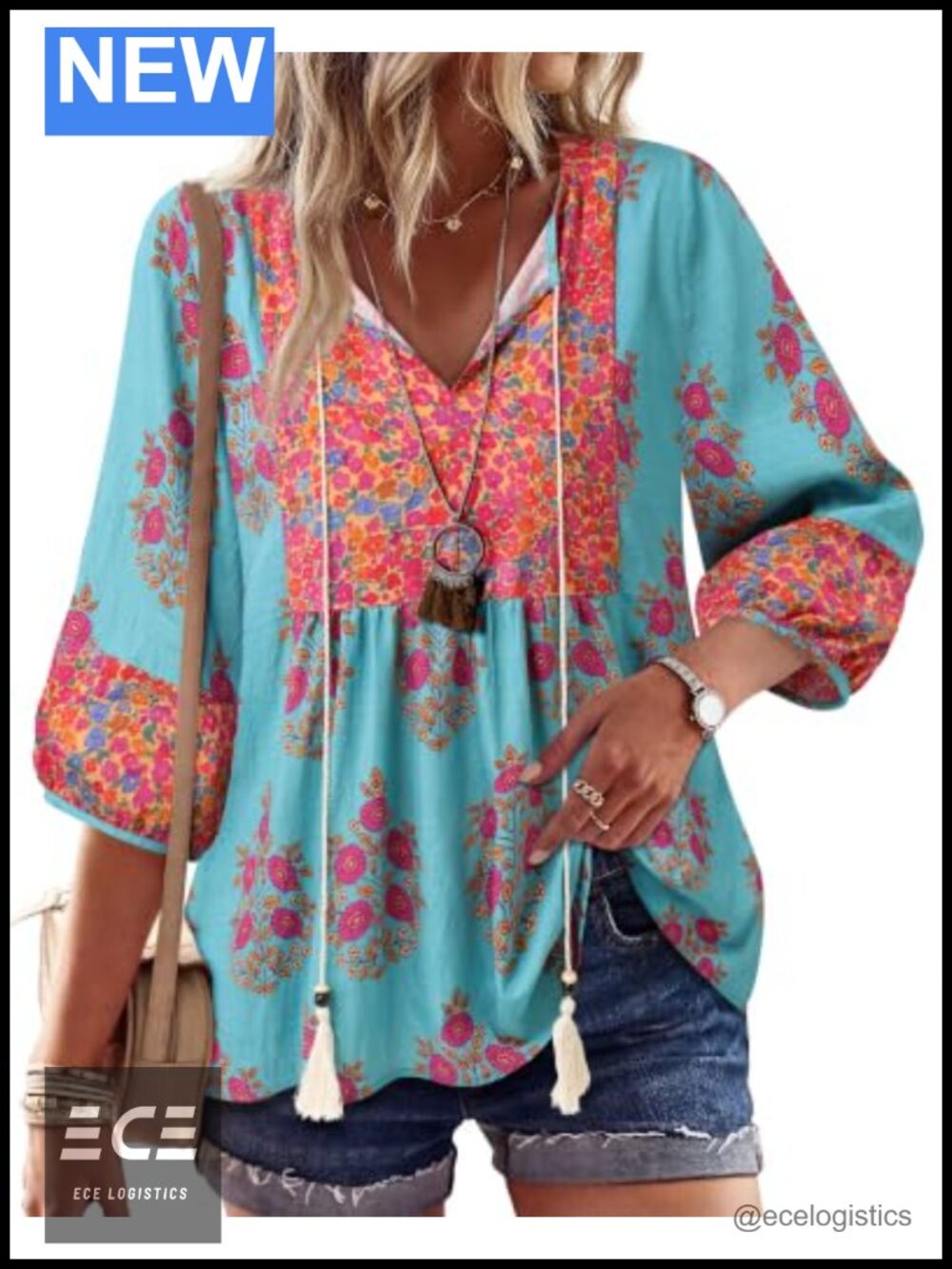 Womens Boho Babydoll Peplum Blouse 3/4 Sleeve V-Neck Tie Front Tunic Top
